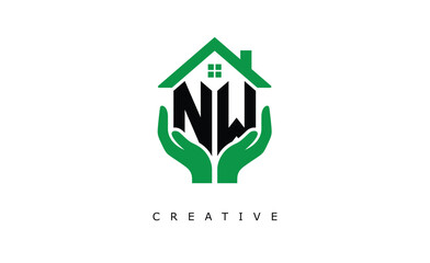 NW Home Care Logo - Green House and Hand Symbol for Real Estate, Eco Housing & Modern Branding