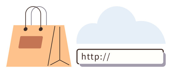 Shopping bag, cloud shape, and URL search bar suggesting online shopping, e-commerce, digital retail, cloud solutions, browsing, data storage. Ideal for sales technology and marketing themes