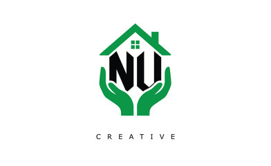 Fototapeta premium NU Home Care Logo - Green House and Hand Symbol for Real Estate, Eco Housing & Modern Branding