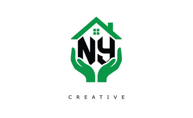 NY Home Care Logo - Green House and Hand Symbol for Real Estate, Eco Housing & Modern Branding
