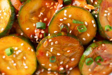 Close up of Korean cucumber salad (Oi muchim), Korean side dish