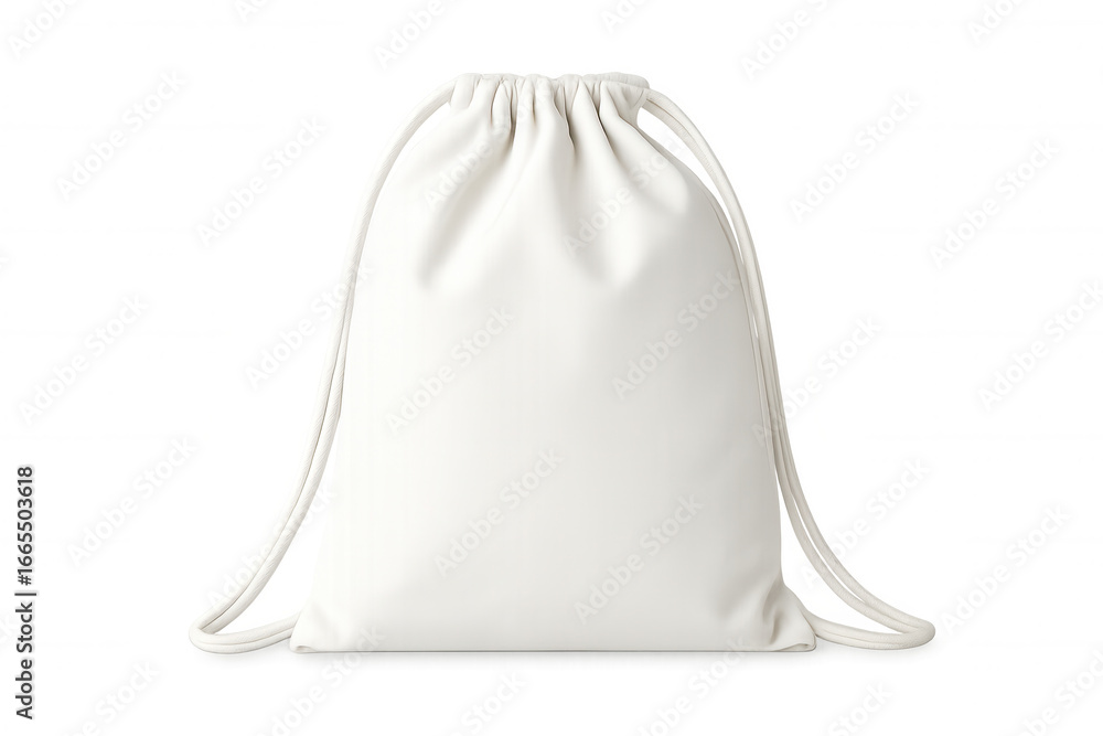 Poster white drawstring bag mockup viewed frontally, resting on transparent surface, ready for custom brand