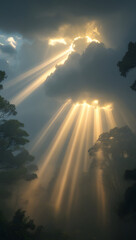 Golden light streaming through clouds and trees creating a mystical atmosphere in nature scene on transparent background