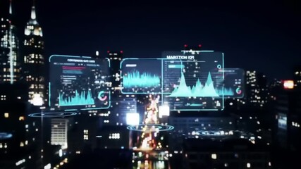 Night cityscape overlaid with digital data visualizations - Powered by Adobe