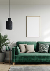 Modern living room with a green sofa, perfect for interior design blogs, home decor websites, and lifestyle magazines. Bright, inviting, stylish.