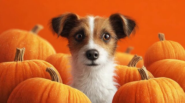 Cute dog surrounded by pumpkins, Halloween pet photo, autumn festive scene, orange seasonal background, fall celebration setup with puppy
