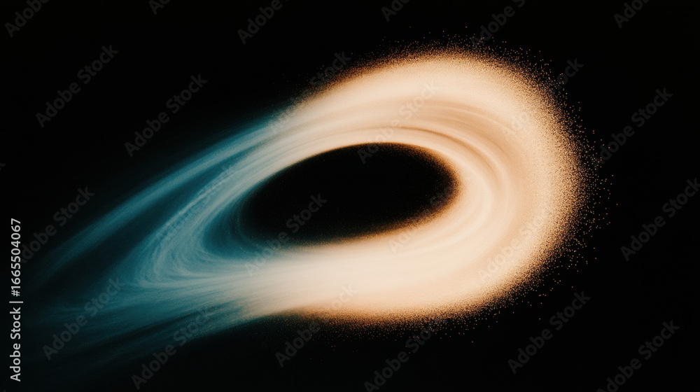 Poster abstract swirl of golden and blue powder particles creating dynamic motion on black background for m