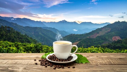 Tranquil mountain vista with a steaming cup of coffee on a wooden table, showcasing lush greenery and a picturesque landscape.