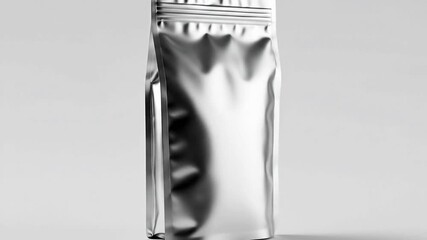 Sleek silver stand up pouch packaging mockup for food product branding against neutral background