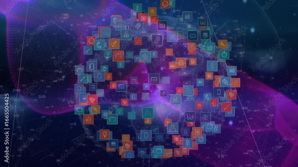 Poster starting glowing teal icon squares converging purple core rotating sphere visualizing network flow