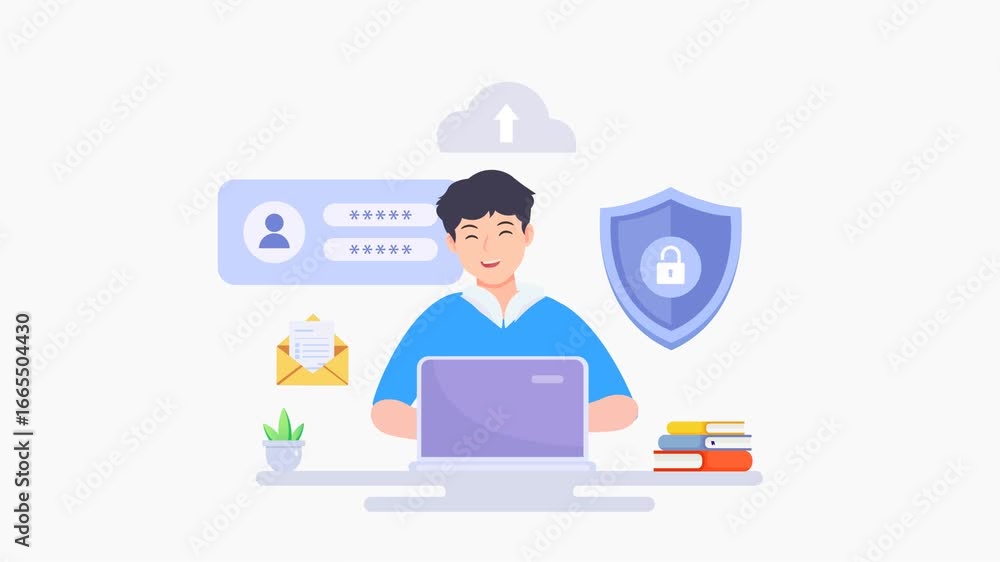 Poster data protection concept. shield on computer data management and protect data. video animation 4k cli