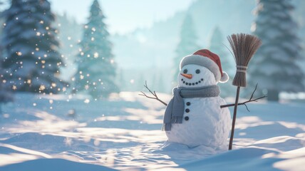 Obraz premium A cheerful snowman wearing a red hat and gray scarf stands in a snowy winter landscape with pine trees, creating a festive holiday scene
