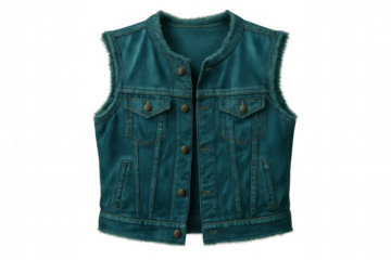 Teal denim vest with distressed edges, button front, side pockets, displayed against transparent backdrop for fashion design and mockup purposes