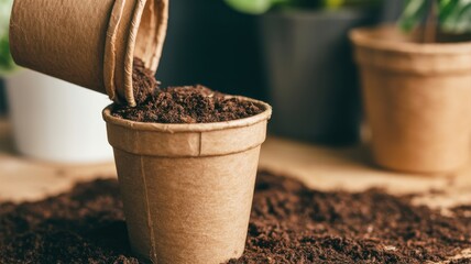 Closeup of soil being poured into a biodegradable paper pot, surrounded by gardening tools and plants, showcasing sustainable gardening practices
