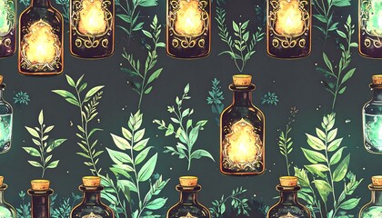 Magical bottles and plants, repeating pattern