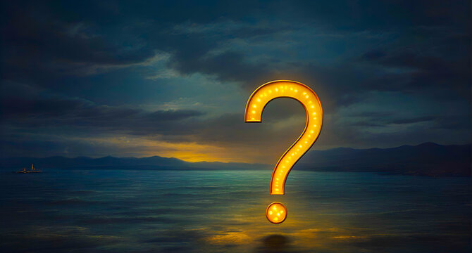 Bright yellow question mark over the sea at dawn. Glowing question mark above the dark seaside. Mystical punctuation mark floating in the ocean sky. Dawn seascape with a luminous yellow question mark.