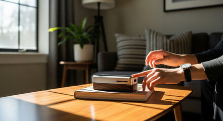 Modern Device and Human Interaction in Warm Sunlight on Wooden Table