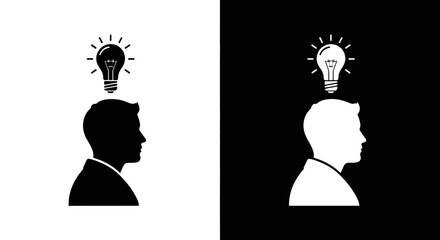 A person's head with a lightbulb above it, a black and white icon symbolizing a new idea, innovation, and creativity.