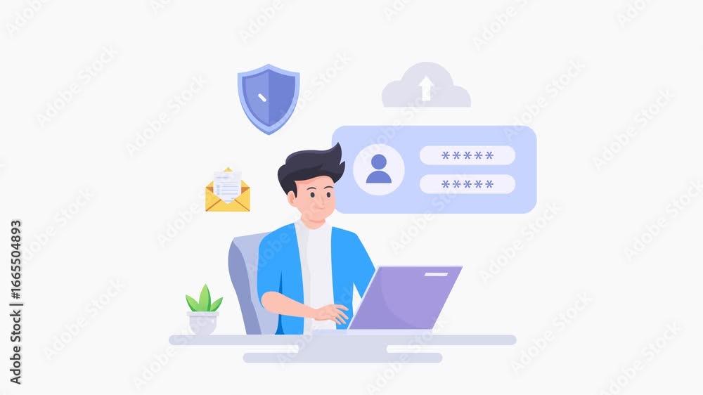 Poster data protection concept. shield on computer data management and protect data. video animation 4k cli