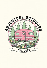 Charming Retro Caravan Design for Outdoor Adventures, Exploring Nature's Beauty with Trees and Flowers