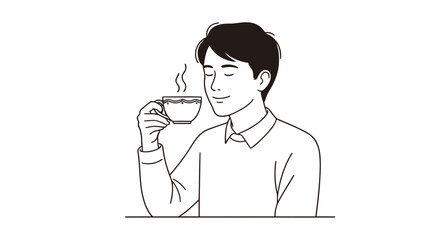 A hand-drawn style illustration of a young man enjoying a cup of coffee, representing a relaxing break and calm moment.