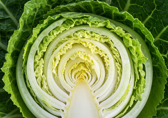 Close Up View of a Fresh Napa Cabbage Cut in Half Showing Inner Layers and Texture