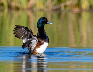 Obraz premium Duck with outstretched wings on water