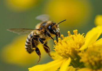 Close up of a fuzzy bee collecting nectar from a bright yellow flower on a sunny day