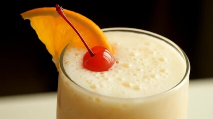 Refreshing creamy drink with orange garnish and maraschino cherry