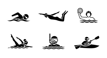 Set of 6 Water Sports Icons in Black Silhouette – Swimming, Diving, Tennis in Water, Kayaking, Snorkeling, and Water Polo – Vector EPS Design for Web, Apps, and Print – Minimalist Sport Symbol Collect