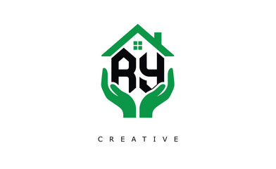 RY Home Care Logo - Green House and Hand Symbol for Real Estate, Eco Housing & Modern Branding
