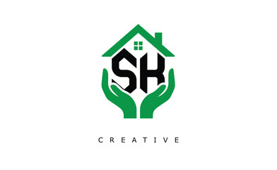 SK Home Care Logo - Green House and Hand Symbol for Real Estate, Eco Housing & Modern Branding