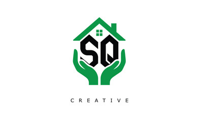 SQ Home Care Logo - Green House and Hand Symbol for Real Estate, Eco Housing & Modern Branding