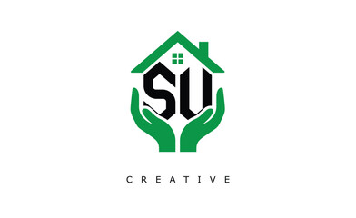 SU Home Care Logo - Green House and Hand Symbol for Real Estate, Eco Housing & Modern Branding