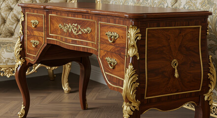 Exquisite Rococo Style Marquetry Desk with Ornate Gilt Bronze Mounts and Cabriole Legs