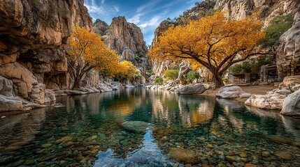 Calm water reflects autumn colored trees and rocky cliffs under a blue sky.