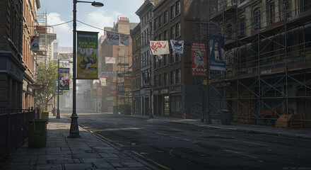 Obraz premium Urban street scene with buildings and banners in city