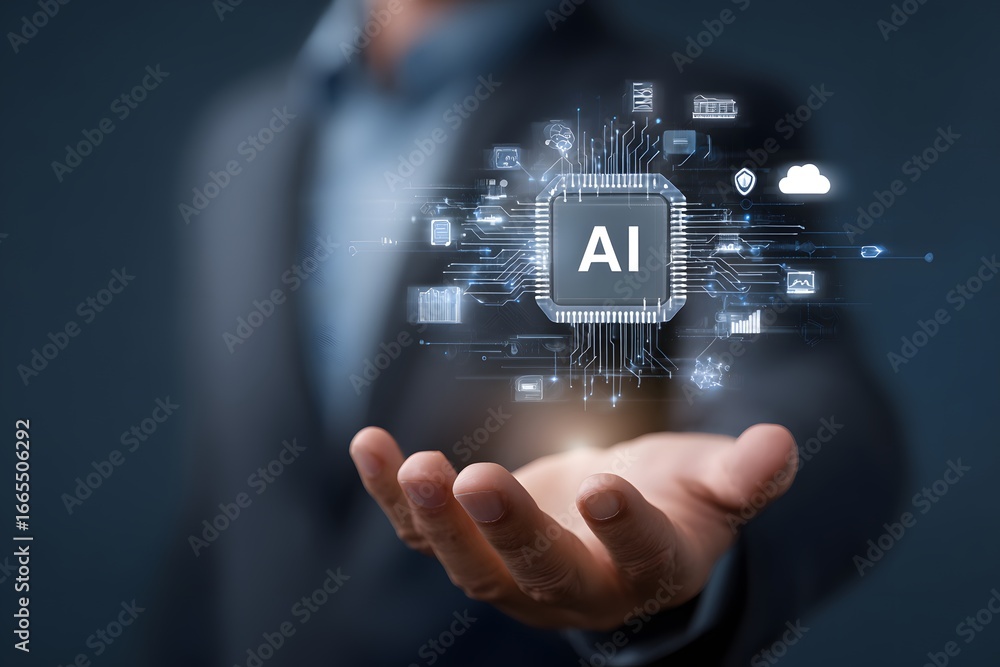 Poster futuristic ai processor with a glowing holographic interface of connected digital service icons.
