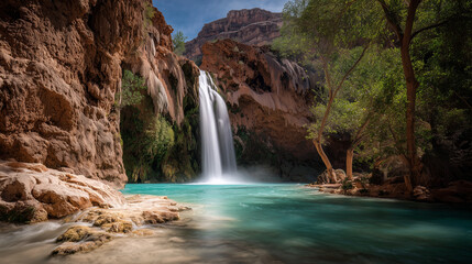 Havasu Falls long exposure shot, silky water flow, vibrant turquoise pool
