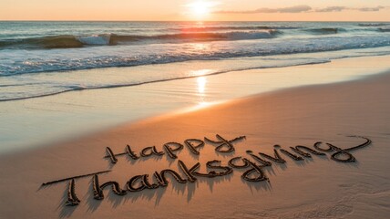 The words happy thanksgiving are written in the sand on a beach at sunset, a warm and inviting holiday greeting