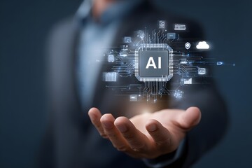 Futuristic AI processor with a glowing holographic interface of connected digital service icons.