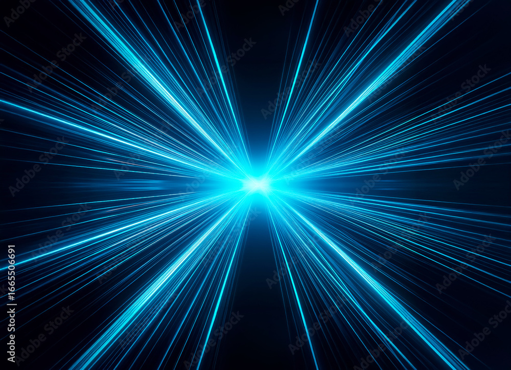 Poster a bright blue light source emits luminous beams, radiating from a central point and expanding outwar