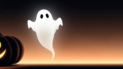 Spooky Halloween scene with glowing jack-o-lantern, friendly ghost, and festive holiday text, perfect for marketing and seasonal campaigns - Powered by Adobe