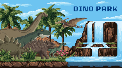 8bit pixel art dino park landscape for game with prehistoric dinosaurs, vector background. Dino park or Jurassic era landscape with 8 bit pixel prehistoric dinosaurs, lizard or reptile and pterodactyl © Vector Tradition