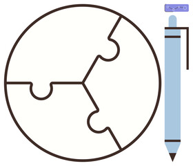 Circular puzzle with joined pieces next to pen, symbolizing creativity, collaboration, strategy, idea generation, problem solving, teamwork, and intellectual pursuits. Ideal for simple flat metaphor