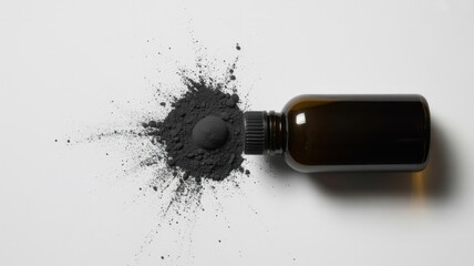 Activated charcoal powder spilled from a dark glass bottle isolated on white background, showcasing its detoxifying and purifying properties for beauty and health