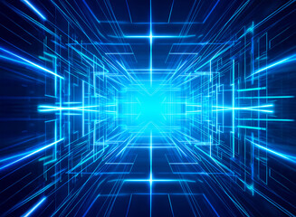 Obraz premium A vibrant blue digital space with glowing lines converge towards a central bright point. Perspective view creates depth, suggesting futuristic and abstract technology.