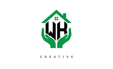 WK Home Care Logo - Green House and Hand Symbol for Real Estate, Eco Housing & Modern Branding