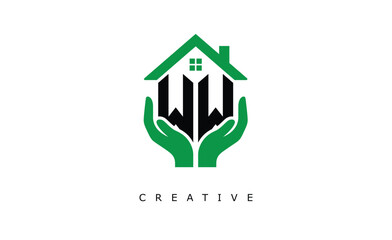WW Home Care Logo - Green House and Hand Symbol for Real Estate, Eco Housing & Modern Branding