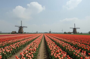 Dutch tulips blooming, windmills, rural landscape, springtime